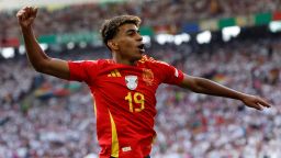 FILE PHOTO: Soccer Football - Euro 2024 - Quarter Final - Spain v Germany - Stuttgart Arena, Stuttgart, Germany - July 5, 2024
Spain's Lamine Yamal celebrates after Dani Olmo scores their first goal REUTERS/Heiko Becker/File Photo