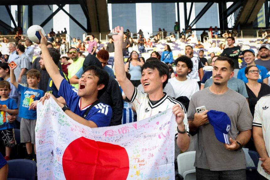 Fans of Team Japan cheer in the stands during training for the 2026 FIFA World Cup on June 8 in Nashville, Tennessee.