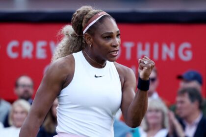Serena Williams reacts during her round-of-16 doubles match with Victoria Mboko.