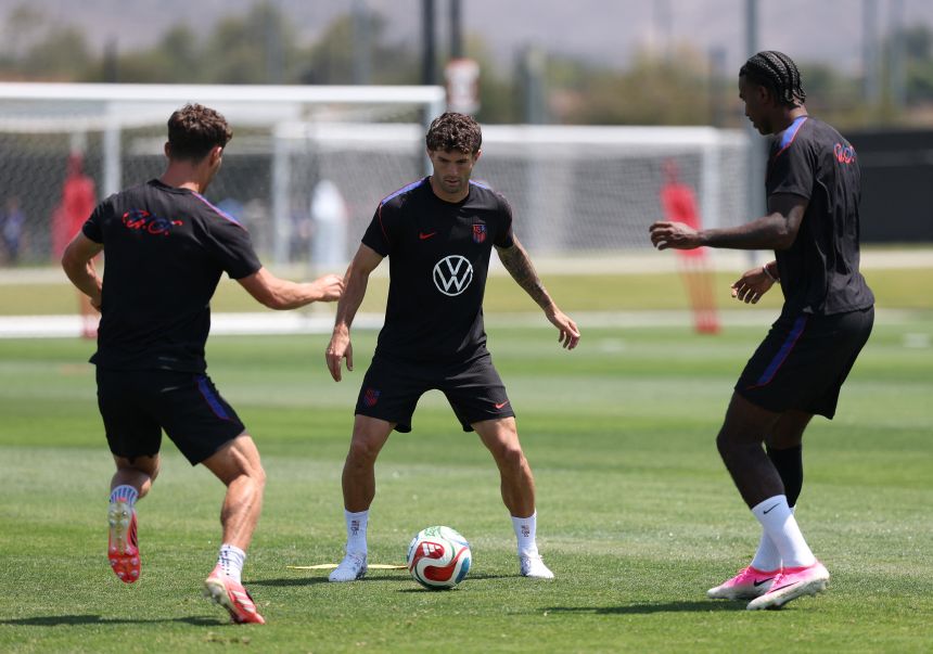 Christian Pulisic plays with teammates during training at Great Park Sports Complex, in Irvine, California,.