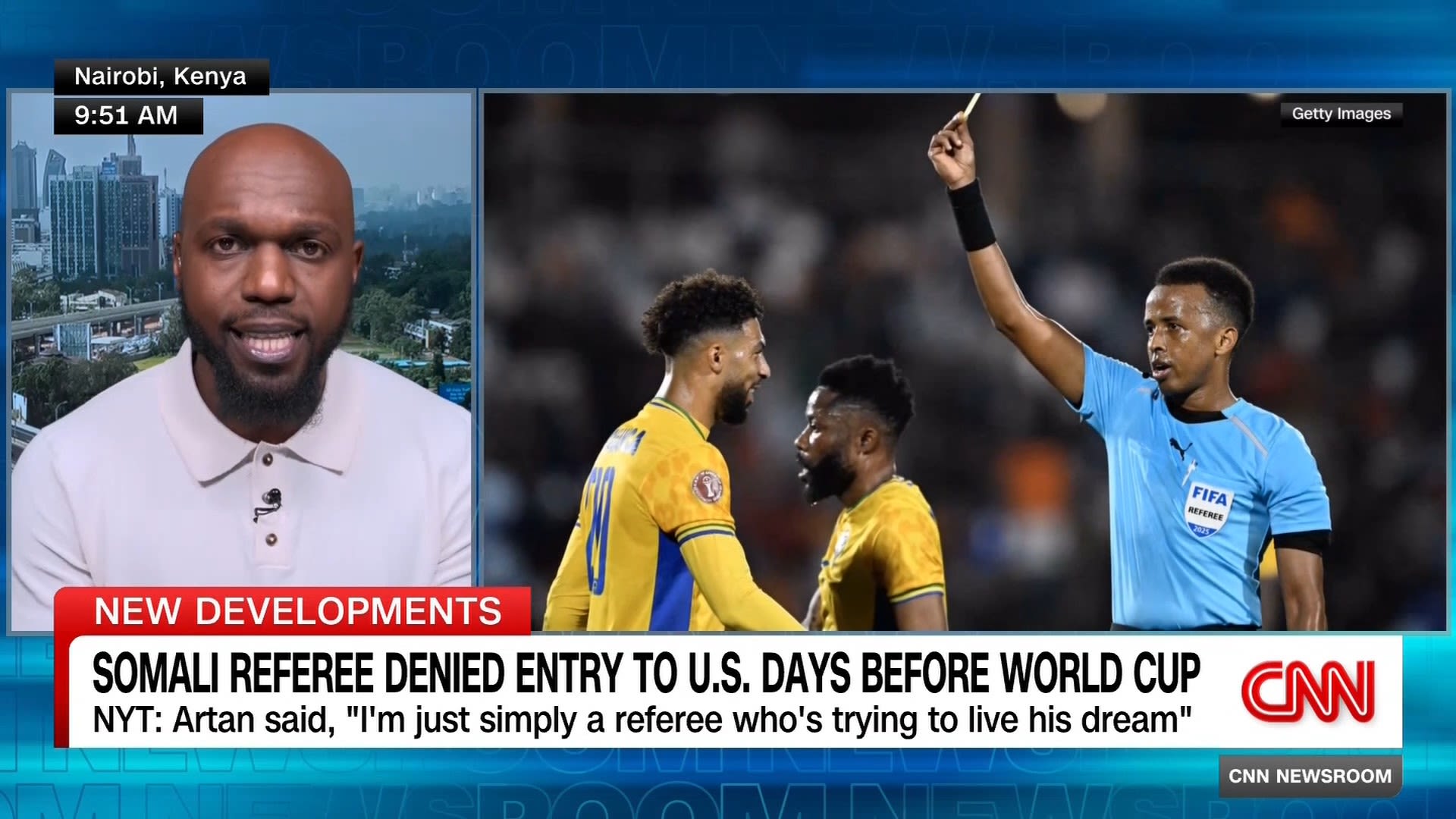 <p>The Trump administration is defending its decision to bar Omar Abdul-Kadir Artan from entering the US, just days before the FIFA World Cup, labeling him a "security threat," with links to a terrorist group. Artan would have been the first Somali to referee at the tournament. CNN’s Larry Madowo reports.</p>