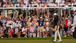 Aaron Rai, of England, celebrates after his shot on the 17th green during the final round of the PGA Championship golf tournament at Aronimink Golf Club, Sunday, May 17, 2026, in Newtown Square, PA. (AP Photo/Carolyn Kaster)