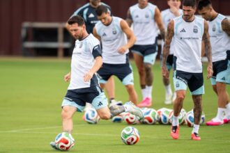 Lionel Messi trains alongside his Argentina teammates at Ellis Field College Station, Texas ahead of the tournament. (AP)