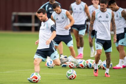 Lionel Messi trains alongside his Argentina teammates at Ellis Field College Station, Texas ahead of the tournament. (AP)