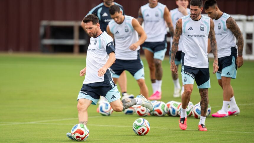 Lionel Messi trains alongside his Argentina teammates at Ellis Field College Station, Texas ahead of the tournament. (AP)