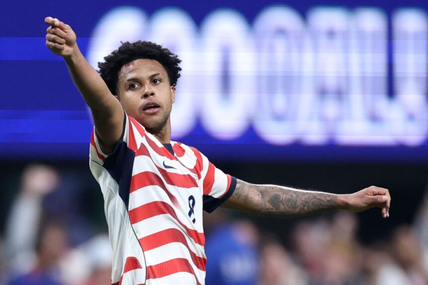 US midfielder Weston McKennie celebrates a goal after scoring against Belgium in March.