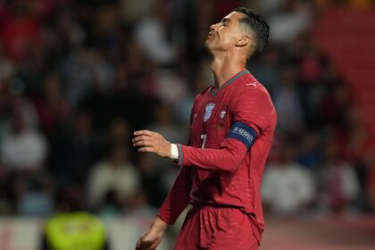 Portugal's Cristiano Ronaldo reacts during an international friendly soccer match between Portugal and Nigeria in Leiria, Portugal, Wednesday, June 10, 2026. (AP Photo/Armando Franca)