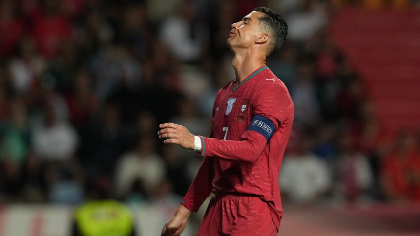 Portugal's Cristiano Ronaldo reacts during an international friendly soccer match between Portugal and Nigeria in Leiria, Portugal, Wednesday, June 10, 2026. (AP Photo/Armando Franca)