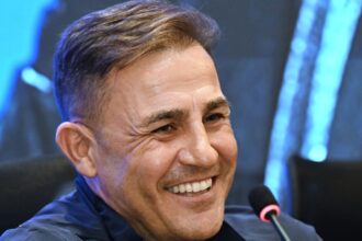 Former Italy defender Fabio Cannavaro, the new coach of the Uzbekistan national soccer team, smiles during his news conference in Tashkent, Uzbekistan, Monday, Oct. 6, 2025. (AP Photo/File)
