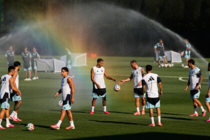 Defending champions Argentina work out during a practice session for the FIFA World Cup on Wednesday, June 3, 2026, in Kansas City. (AP Photo)