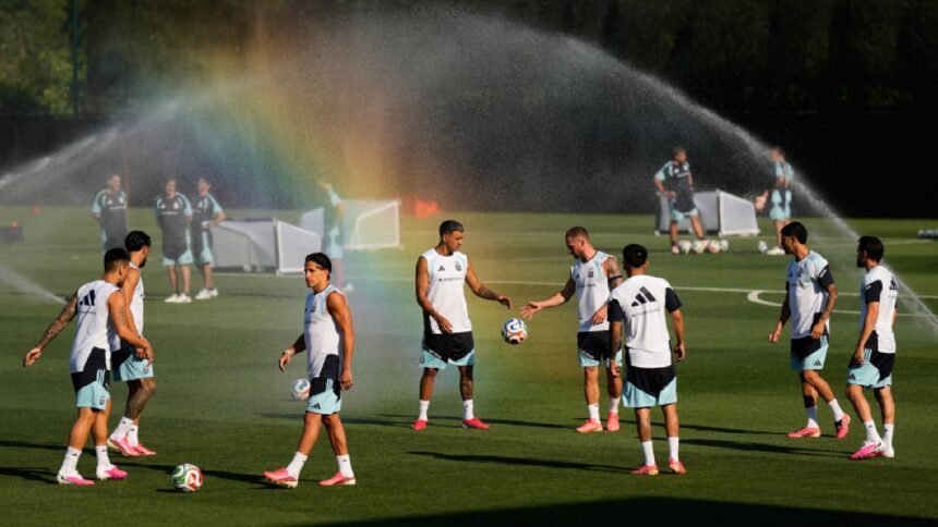 Defending champions Argentina work out during a practice session for the FIFA World Cup on Wednesday, June 3, 2026, in Kansas City. (AP Photo)