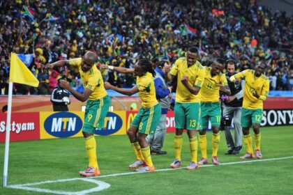 South Africa's Siphiwe Tshabalala (No. 8) celebrates with teammates after scoring against Mexico in the opening fixture of the 2010 World Cup in Johannesburg, South Africa.