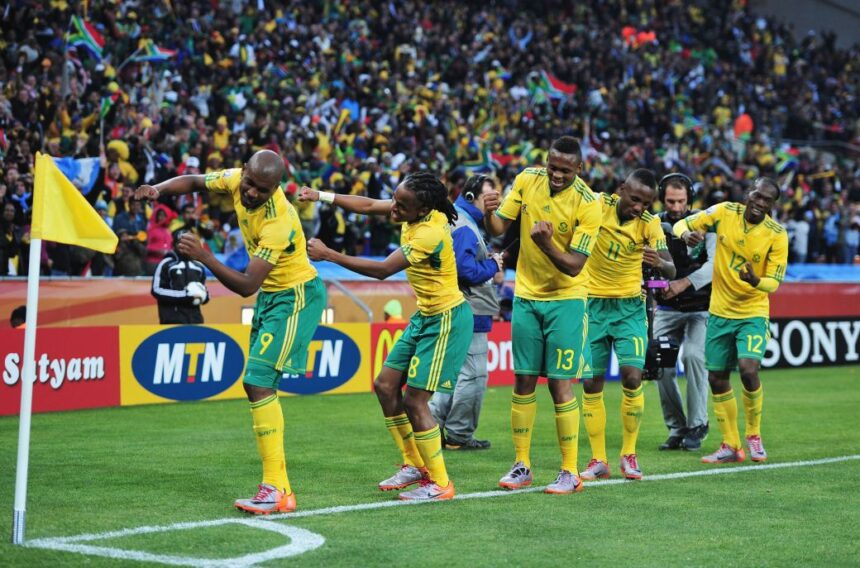 South Africa's Siphiwe Tshabalala (No. 8) celebrates with teammates after scoring against Mexico in the opening fixture of the 2010 World Cup in Johannesburg, South Africa.