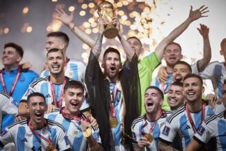 Lionel Messi lifts the World Cup at Qatar 2022 for Argentina.