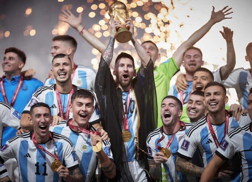 Lionel Messi lifts the FIFA World Cup Qatar 2022 Winner's Trophy after the final between Argentina and France on December 18, 2022.