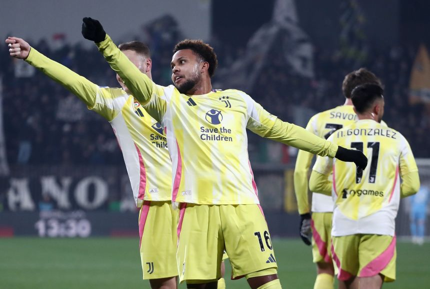 Weston McKennie is joined by Juventus teammate Teun Koopmeiners as he does his goal celebration during a Serie A match in 2024.