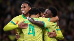 LONDON, ENGLAND - NOVEMBER 15: Casemiro of Brazil celebrates scoring his team's second goal with teammates Vinicius Junior and Gabriel Magalhaes during the International Friendly between Brazil and Senegal at Emirates Stadium on November 15, 2025 in London, England. (Photo by Ryan Pierse/Getty Images)