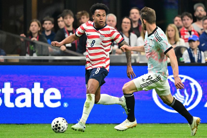 Weston McKennie plays against Belgium during a friendly match in Atlanta in March.