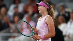 PARIS, FRANCE - JUNE 02: Mirra Andreeva shows appreciation to the fans after victory over Sorana Cirstea of Romania during their Women's Singles quarter-final match on Day Ten of the 2026 French Open at Roland Garros on June 02, 2026 in Paris, France. (Photo by Matthew Stockman/Getty Images)