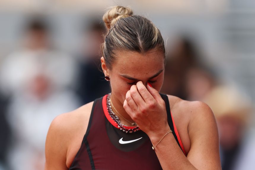Aryna Sabalenka reacts after defeat to Diana Shnaider in their Women's Singles quarterfinal at the 2026 French Open on June 3.