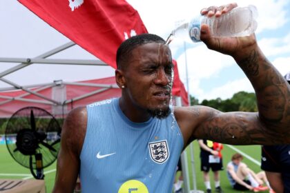 Ezri Konsa of England pours water over his head to cool down during a training session on June 5 in West Palm Beach, Florida.