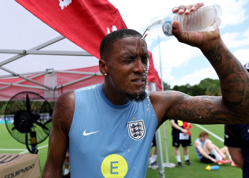 Ezri Konsa of England pours water over his head to cool down during a training session on June 5 in West Palm Beach, Florida.