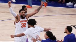 Karl-Anthony Towns celebrates after his team's 107-106 victory against the San Antonio Spurs in Game 4 of the 2026 NBA Finals.