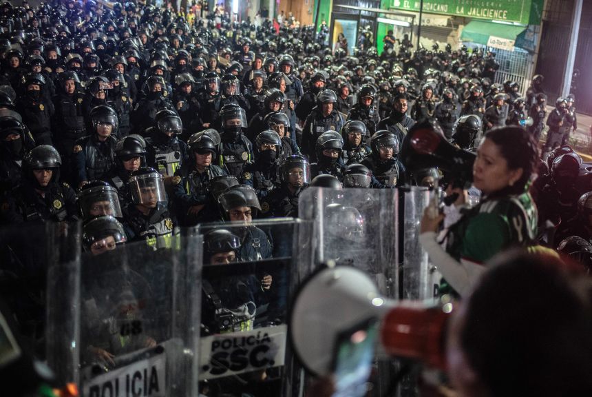 Police officers from the Ministry of Security block the passage of protesters a day before kickoff of the 2026 FIFA World Cup on June 10 in Mexico City.