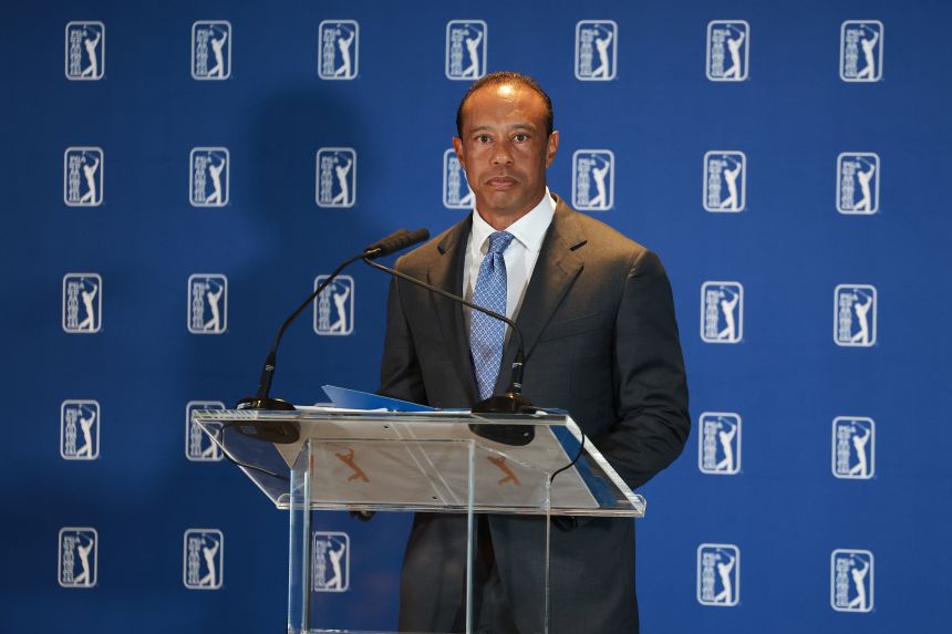 Tiger Woods speaks at a PGA Tour news conference in Cromwell, Connecticut, on Tuesday.
