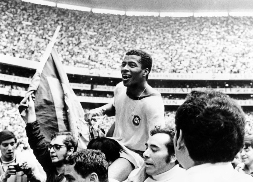 Brazil forward Jairzinho is carried by fans after the team defeated Italy 4-1 in the World Cup final on June, 21 1970, in Mexico City.