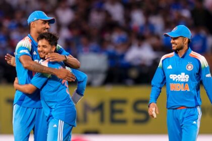 Harsh Dubey, centre, celebrates with Gurnoor Brar, left, and captain Shubman Gill after taking the wicket of Afghanistan's captain Hashmatullah Shahidi in the first ODI. (PTI Photo)