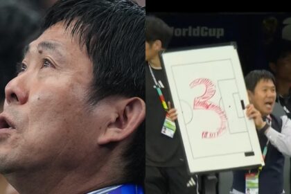 (left) Japan head coach Hajame Moriyasu when the national anthem was being played ahead of their 2026 FIFA World Cup match against the Netherlands. (AP/Twitter screenshot)