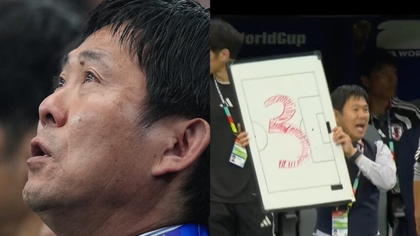(left) Japan head coach Hajame Moriyasu when the national anthem was being played ahead of their 2026 FIFA World Cup match against the Netherlands. (AP/Twitter screenshot)