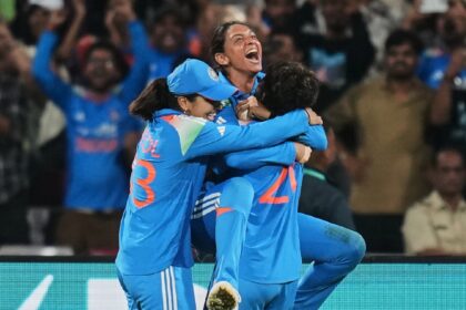 India's captain Harmanpreet Kaur, celebrates with teammates after winning the ICC Women's World Cup final against South Africa in November. (AP Photo)