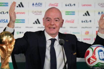 FIFA President Gianni Infantino speaks during a news conference at the stadium in Mexico City, Wednesday, June 10, 2026, a day before the opening FIFA World Cup match between Mexico and South Africa. (AP Photo/Eduardo Verdugo)