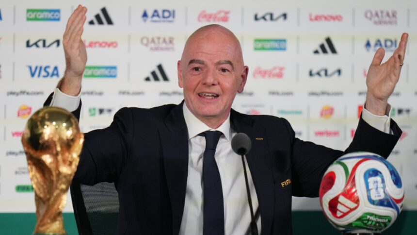 FIFA President Gianni Infantino speaks during a news conference at the stadium in Mexico City, Wednesday, June 10, 2026, a day before the opening FIFA World Cup match between Mexico and South Africa. (AP Photo/Eduardo Verdugo)
