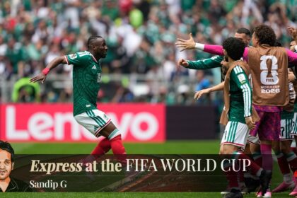 Mexico's Julian Quinones runs to his teammates after scoring the first goal of the 2026 FIFA World Cup. (AP Photo)