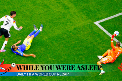 Germany's Kai Havertz (7) scores past Curaçao's Armando Obispo and goalkeeper Eloy Room during the World Cup Group E soccer match between Germany and Curacao in Houston, Sunday, June 14, 2026. (AP Photo)