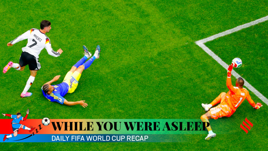 Germany's Kai Havertz (7) scores past Curaçao's Armando Obispo and goalkeeper Eloy Room during the World Cup Group E soccer match between Germany and Curacao in Houston, Sunday, June 14, 2026. (AP Photo)