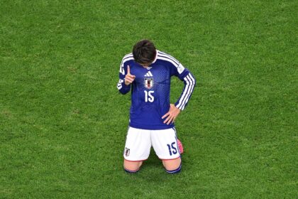 Japan's Daichi Kamada points to the sky after the World Cup Group F match against the Netherlands. (AP Photo)