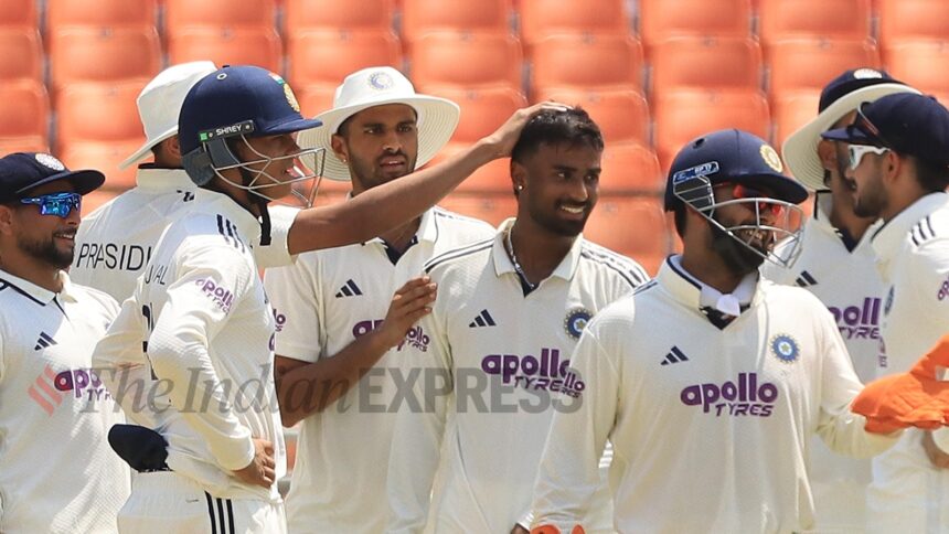 Manav Suthar picked six wickets in Afghanistan's first innings while Washington Sundar picked four in their second. (Express Photo by Kamleshwar Singh)