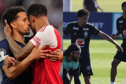 (left) Marquinhos consoling Gabriel after the Champions League final; (right) Marquinhos and Gabriel at training for Brazil in the days leading up to the 2026 FIFA World Cup (AP Photo)