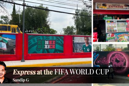 Clockwise: World cup graffiti on Mexico City’s streets; a tortilla shopwith Pele and maradona pics; awomanwalks past street art. (Express photo by Sandip G)