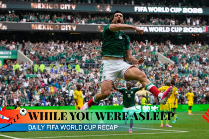 Mexico's Raul Jimenez celebrates after scoring his side's second goal during the World Cup Group A soccer match between Mexico and South Africa in Mexico City, Thursday, June 11, 2026. (AP Photo)