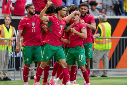 Morocco midfielder Brahim Diaz (10) celebrates after a goal with teammates during an international friendly soccer match against Norway, Sunday, June 7, 2026, in Harrison, N.J. (AP Photo)