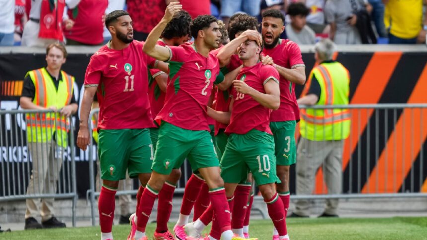Morocco midfielder Brahim Diaz (10) celebrates after a goal with teammates during an international friendly soccer match against Norway, Sunday, June 7, 2026, in Harrison, N.J. (AP Photo)