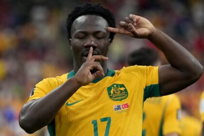 Nestory Irankunda scored Australia's opening goal of the World Cup vs Turkey. (AP)