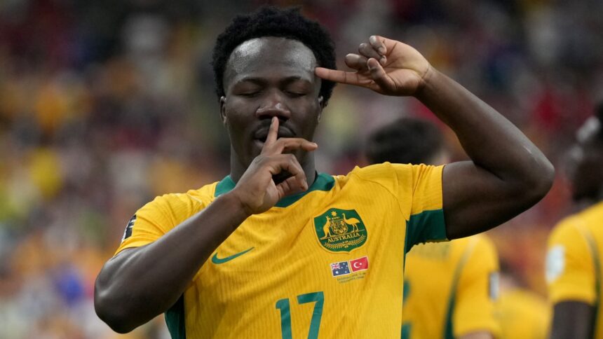 Nestory Irankunda scored Australia's opening goal of the World Cup vs Turkey. (AP)