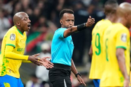 File image of referee Omar Artan, center, signalling a penalty during the CAF Champions League final soccer match between AS FAR Rabat and Mamelodi Sundowns, in Rabat, Morocco, Sunday, May 24, 2026. (AP Photo)
