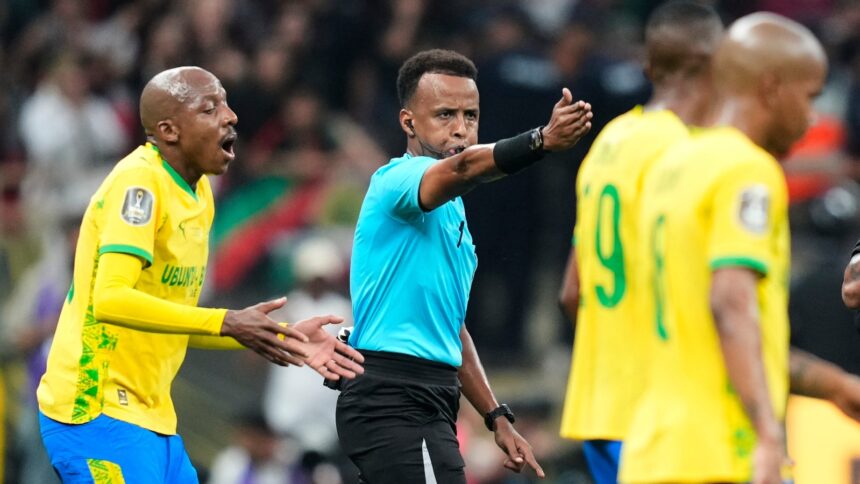 File image of referee Omar Artan, center, signalling a penalty during the CAF Champions League final soccer match between AS FAR Rabat and Mamelodi Sundowns, in Rabat, Morocco, Sunday, May 24, 2026. (AP Photo)